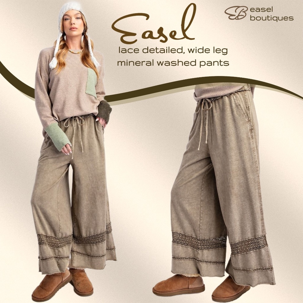 EASEL Lace Detailed Terry Knit Cotton Mineral Washed Wide Leg Drawstring Pockets